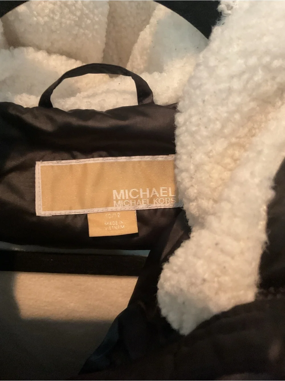 Michael Kors Black Puffer Jacket with Cream Sherpa Hood Trim